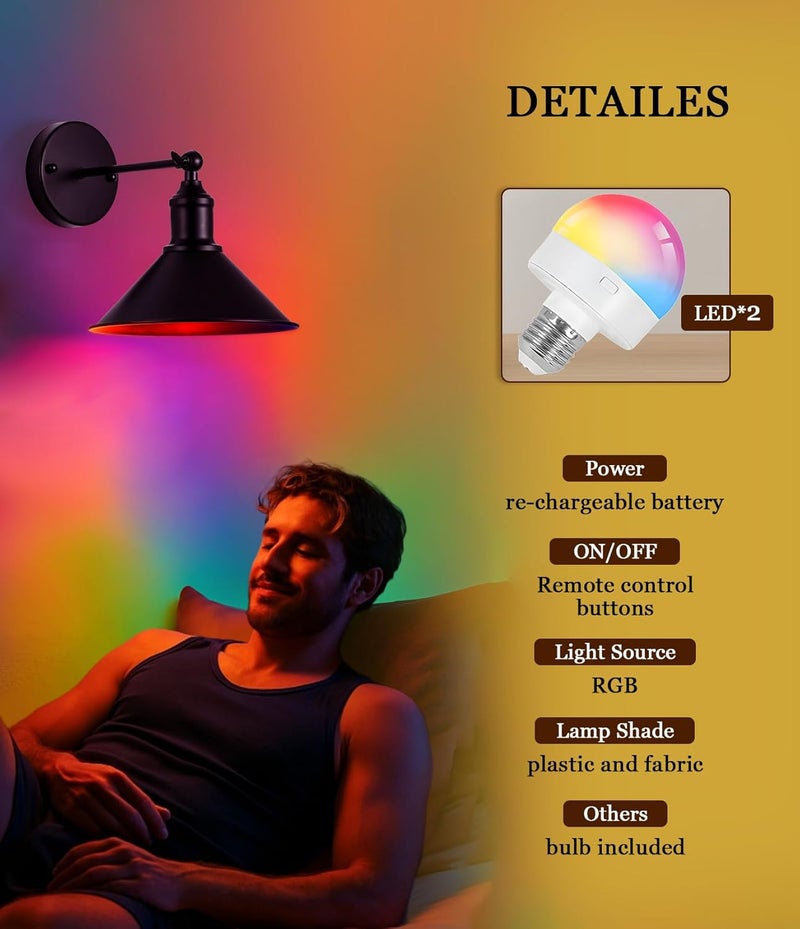 Franing Rechargeable Battery Operated Wall Sconces Set of 2, RGB 15 Color Dimmable Wireless LED Wall Sconce, Includes Bulb and Remote Control, Suitable for Bedroom, Farmhouse, Gallery. - Image 5